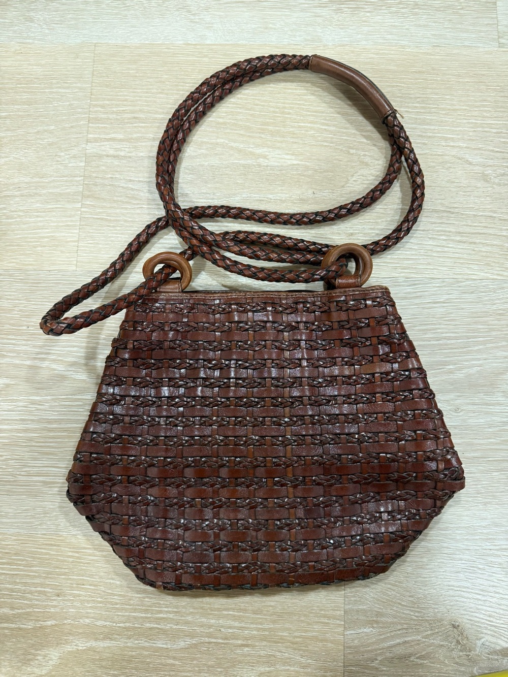 Vintage Woven Brown Crossbody Shoulder Bag with Braided Strap